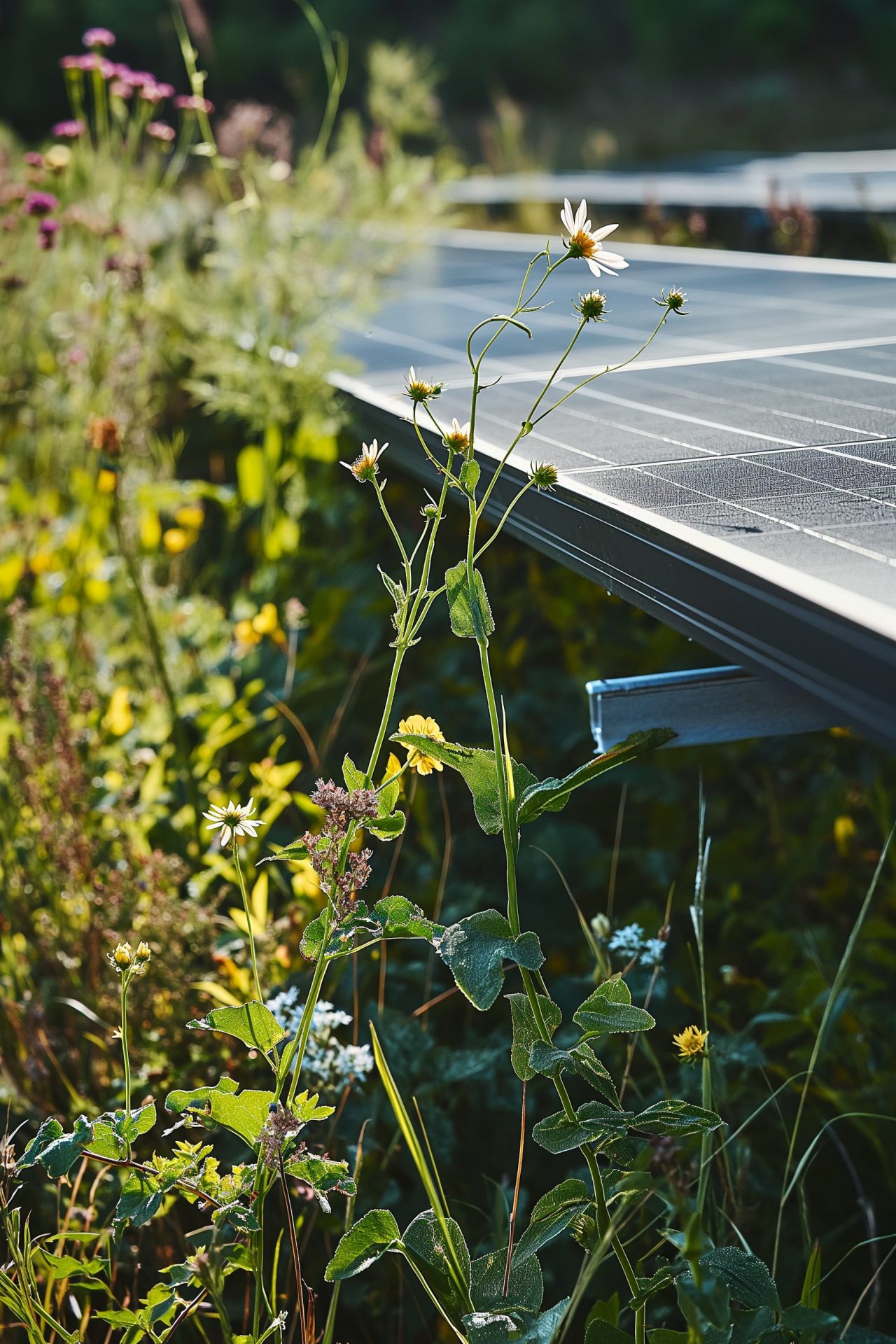 Blumen neben einem Solarmodul im Sonnenlicht.