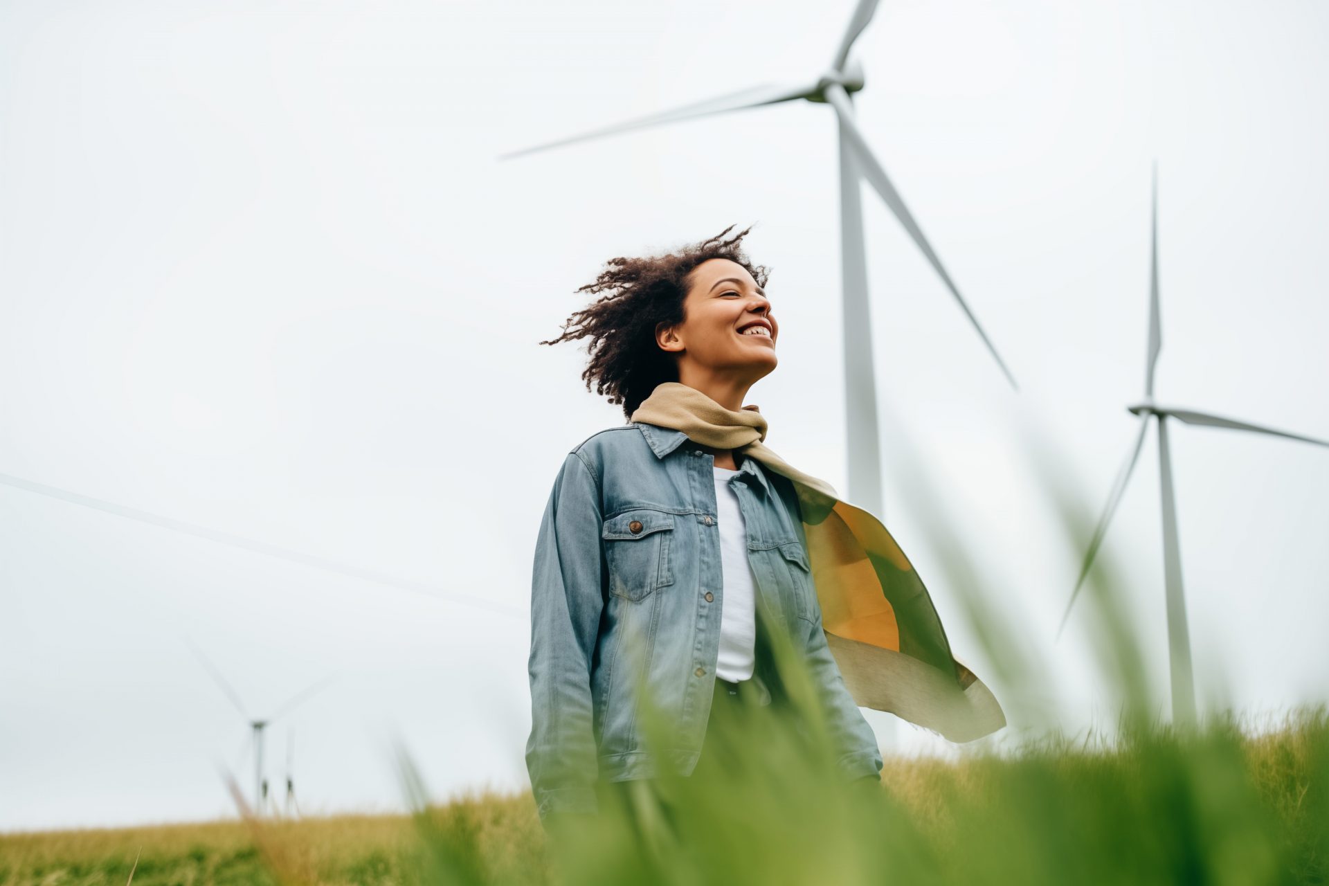 Eine junge Frau steht in einem Windpark, der Wind weht ihr den Schal um die Schultern und in die Haare, im Hintergrund mehrere Windräder.