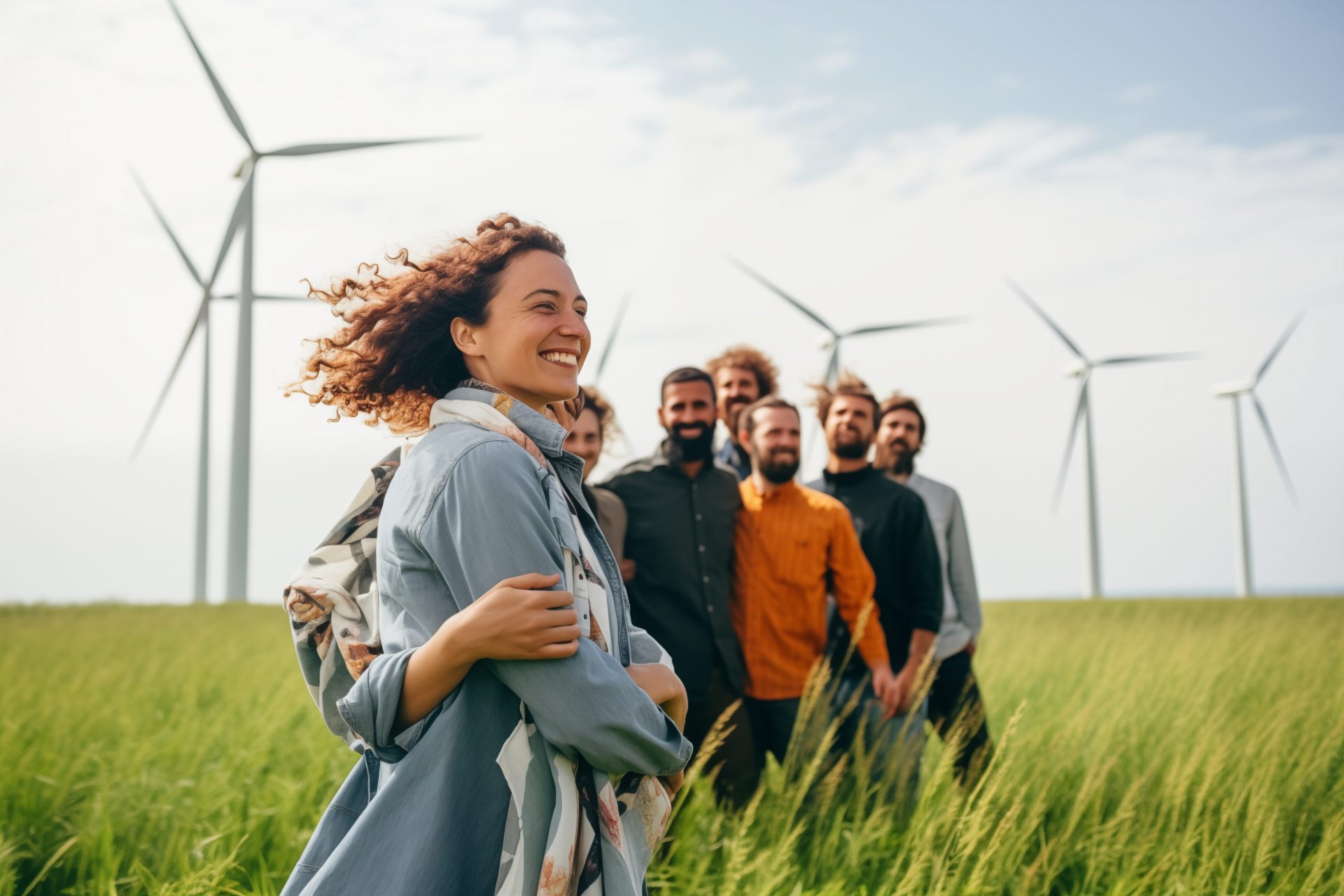 Eine Gruppe lachender Menschen steht auf einem grünen Feld, im Hintergrund Windräder.